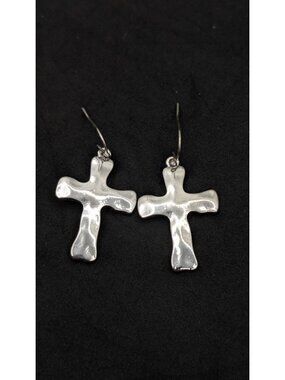 Earrings Cross Textured Silver Tone Metal Drop Dangle  steampunk retro
